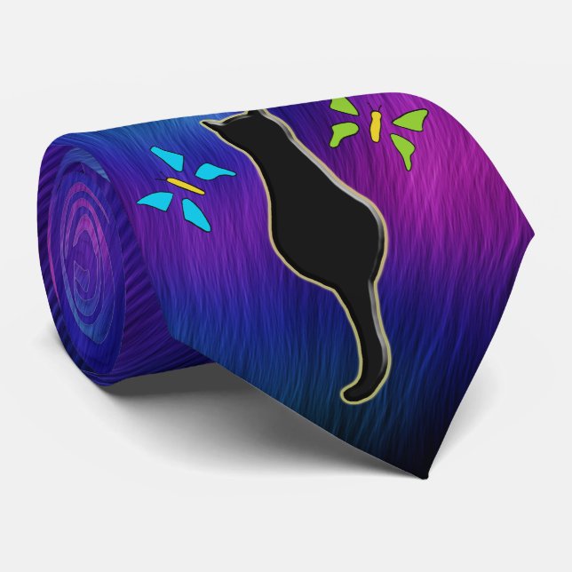 Aurora Borealis & Black Cat Silhouette & Butterfly Neck Tie (Rolled)