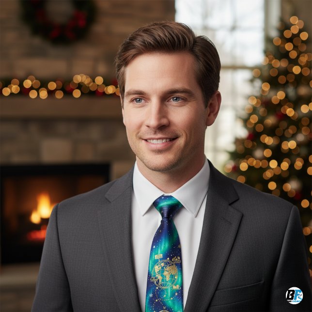 Aurora Borealis Christmas Map, Gold North Pole  Neck Tie (Christmas Neck Tie)