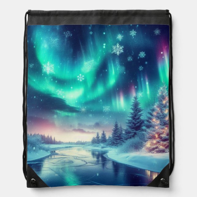 aurora borealis/Christmas/Winter Drawstring Bag (Front)