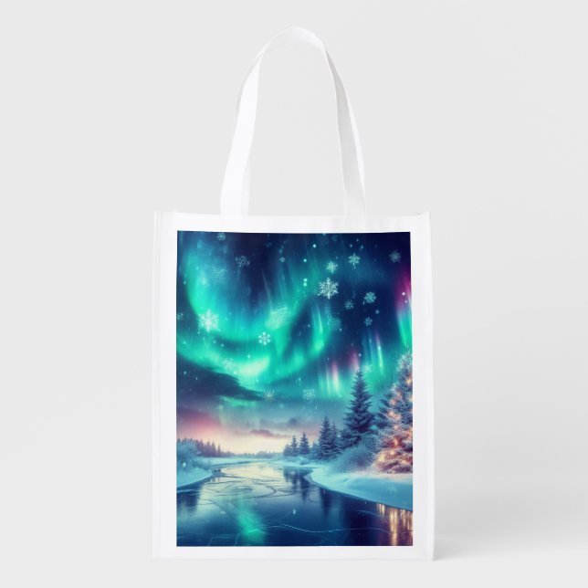 aurora borealis/Christmas/Winter Grocery Bag (Front)