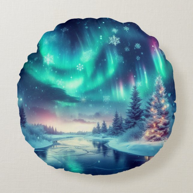 aurora borealis/Christmas/Winter Round Pillow (Front)