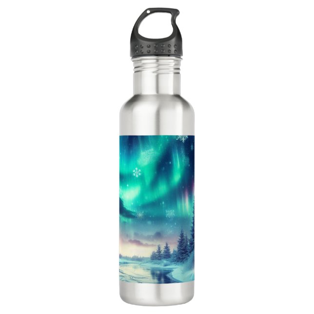 aurora borealis/Christmas/Winter Stainless Steel Water Bottle (Front)