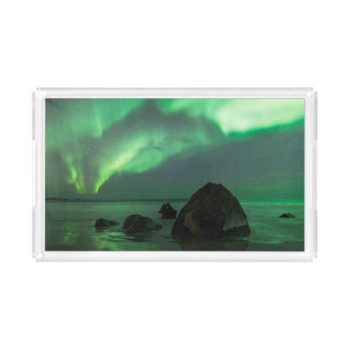 Aurora Borealis  Lofoten Beach Norway Acrylic Tray