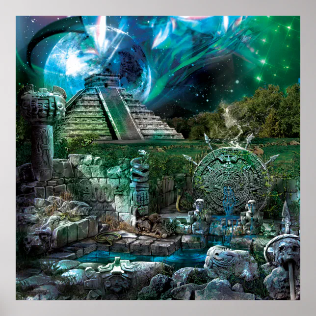 AURORA BOREALIS MAYAN TEMPLE FANTASY ART POSTER | Zazzle