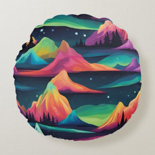 Aurora Borealis Mountains And Northern Lights Round Pillow