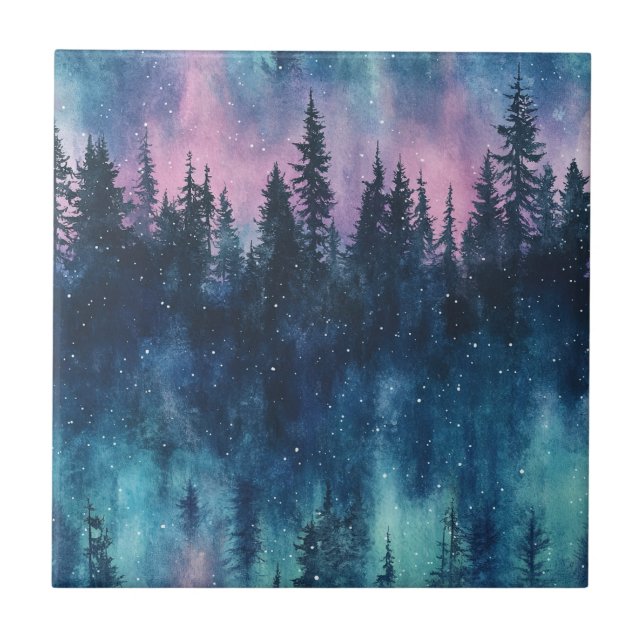 Aurora Borealis Night Sky Pine Forest Glow Ceramic Tile (Front)