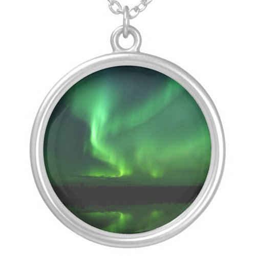 Aurora Borealis Northern lights Alaska sky Green Silver Plated Necklace