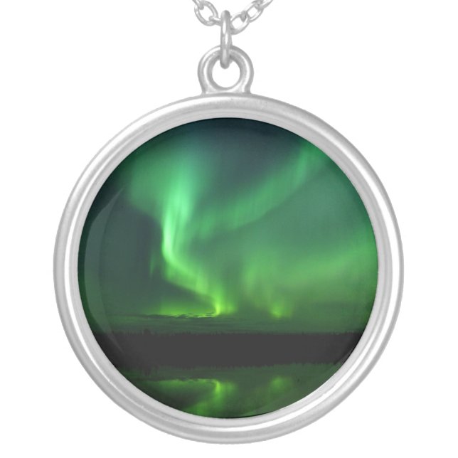 Aurora Borealis Northern lights Alaska sky Green Silver Plated Necklace (Front)