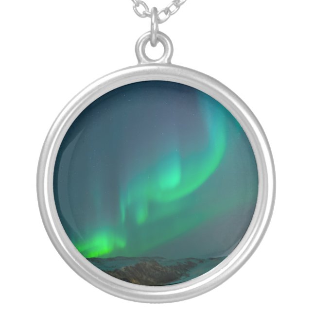Aurora Borealis Northern lights Alaska sky Green Silver Plated Necklace (Front)