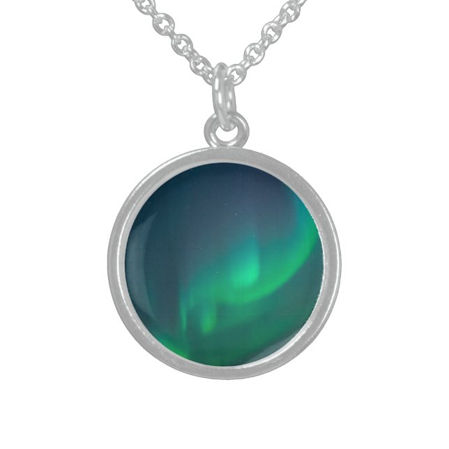 Aurora Borealis Northern lights Alaska sky Green Sterling Silver Necklace (Front)