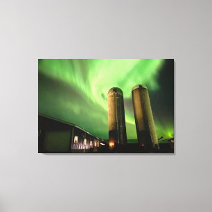 Aurora Borealis Over Alberta Farm Silos Canvas Print