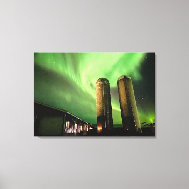 Aurora Borealis Over Alberta Farm Silos Canvas Print (Front)