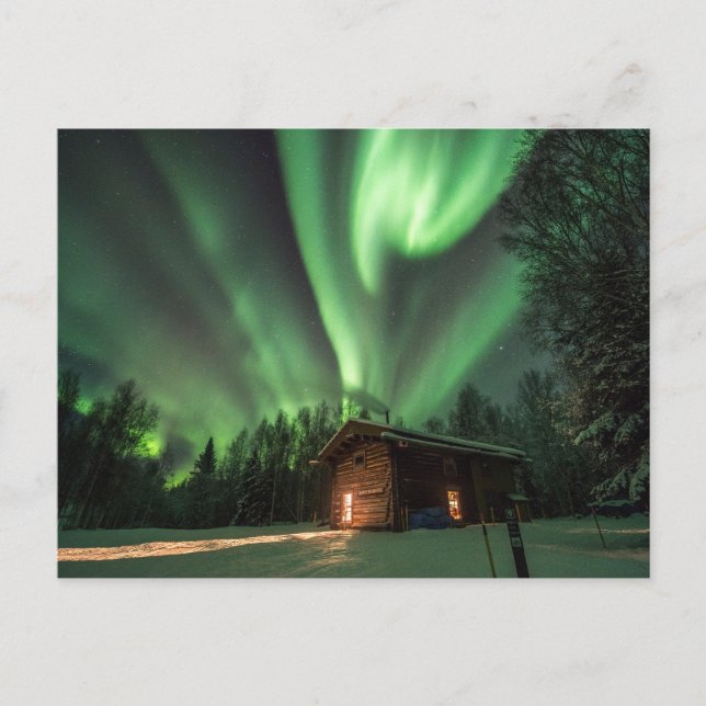 Aurora Borealis over Log Cabin Photo Postcard (Front)