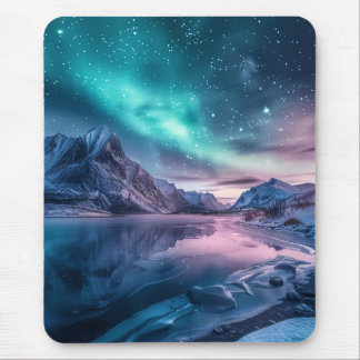 Aurora Borealis Over Snowy Mountain Landscape Mouse Pad