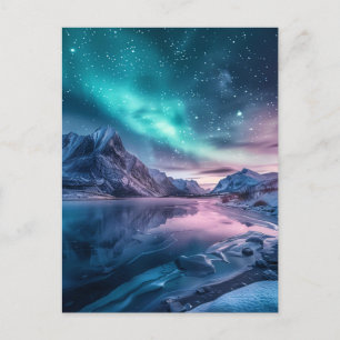 Aurora Borealis Over Snowy Mountain Landscape Postcard