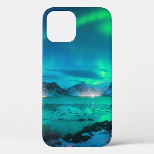 Aurora borealis over the sea coast snowy mountain iPhone 12 case