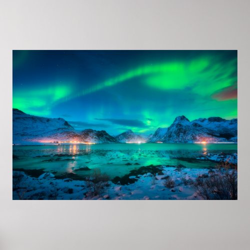 Aurora borealis over the sea coast snowy mountain poster