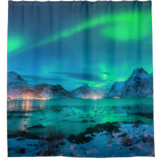 Aurora borealis over the sea coast, snowy mountain shower curtain