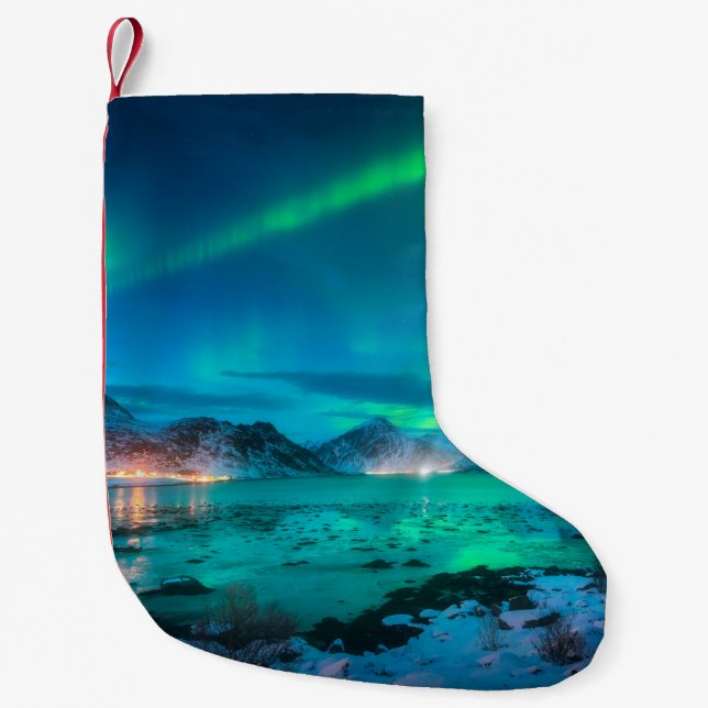 Aurora borealis over the sea coast, snowy mountain small christmas stocking (Front)