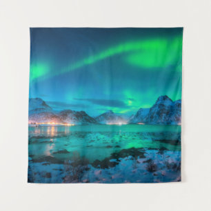 Aurora borealis over the sea coast, snowy mountain tapestry