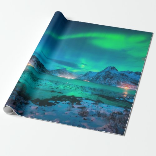 Aurora borealis over the sea coast snowy mountain wrapping paper