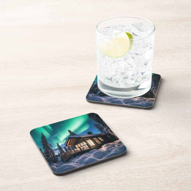 Aurora borealis over winter cabin beverage coaster (Right Side)