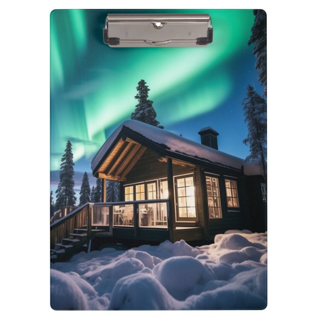 Aurora borealis over winter cabin clipboard (Front)