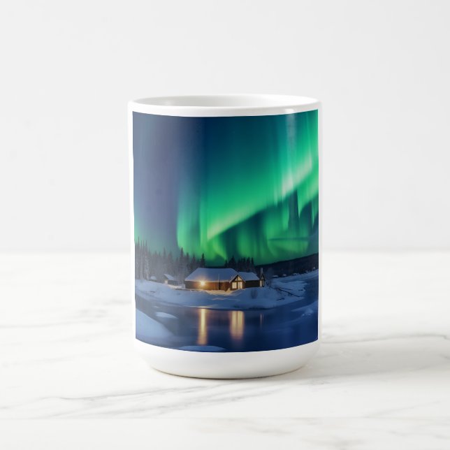 Aurora borealis over winter cabin coffee mug (Center)