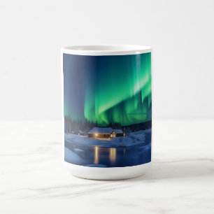 Aurora borealis over winter cabin coffee mug
