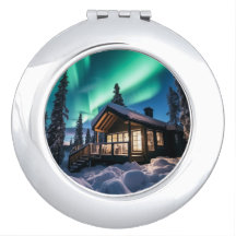 Aurora borealis over winter cabin