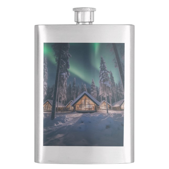 Aurora borealis over winter cabin flask (Front)