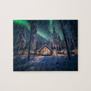 Aurora borealis over winter cabin jigsaw puzzle