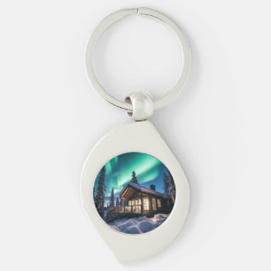 Aurora borealis over winter cabin keychain