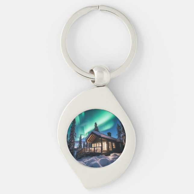 Aurora borealis over winter cabin keychain (Front)