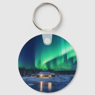 Aurora borealis over winter cabin keychain