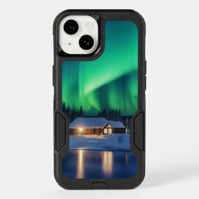 Aurora borealis over winter cabin otterbox iPhone case (Back)