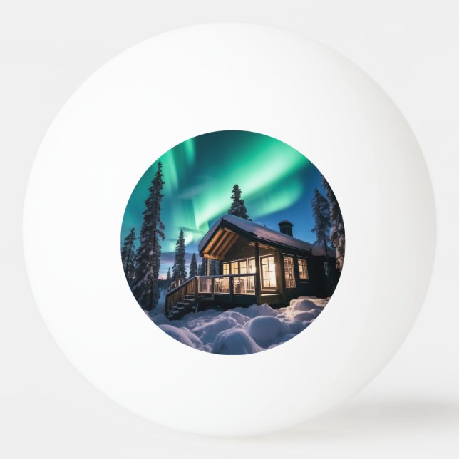 Aurora borealis over winter cabin ping pong ball (Front)
