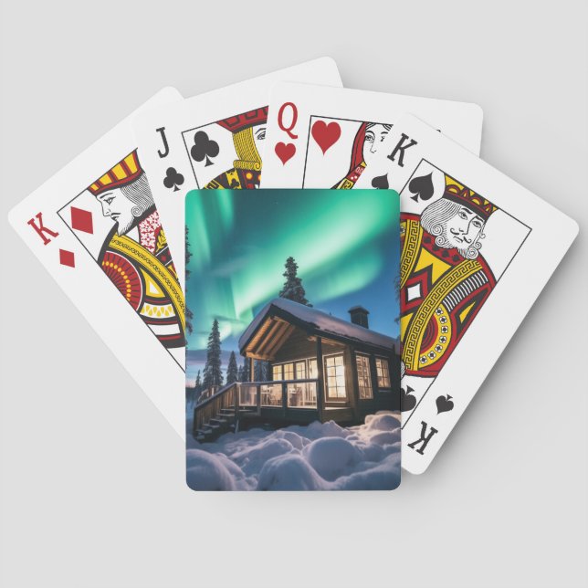 Aurora borealis over winter cabin poker cards (Back)