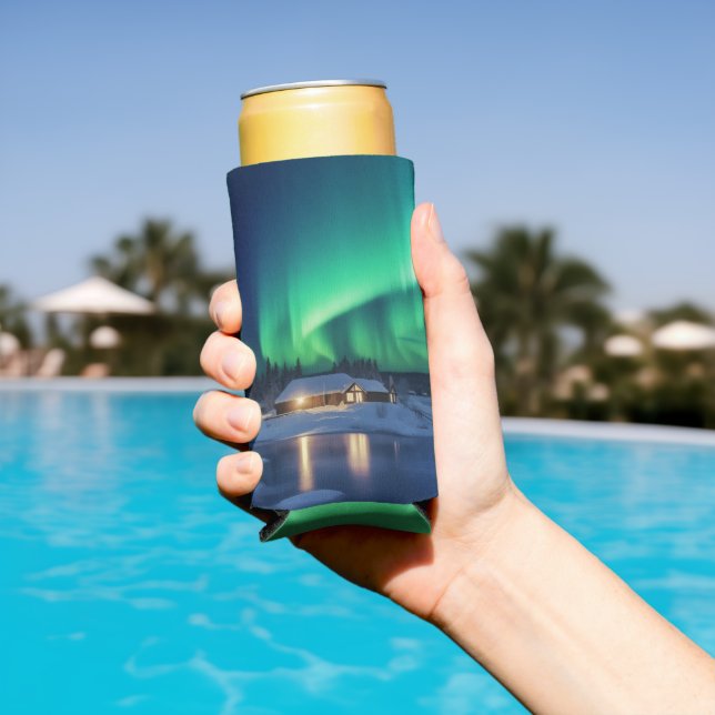 Aurora borealis over winter cabin seltzer can cooler (In Situ Pool)