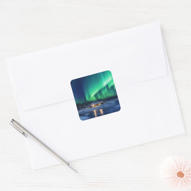 Aurora borealis over winter cabin square sticker (Envelope)