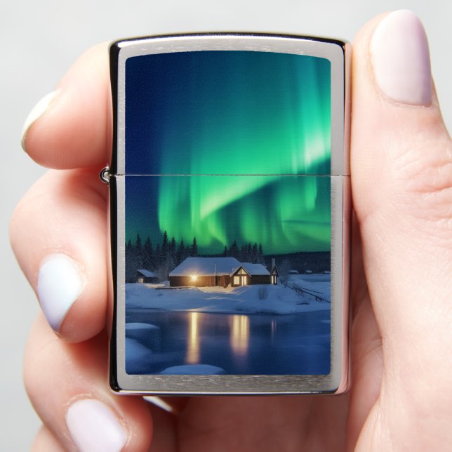 Aurora borealis over winter cabin zippo lighter (In Hand)