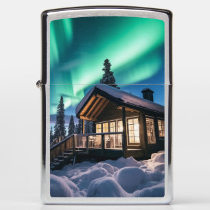 Aurora borealis over winter cabin zippo lighter