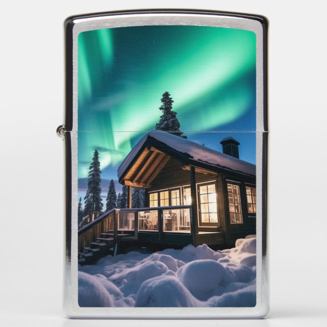 Aurora borealis over winter cabin zippo lighter (Front)