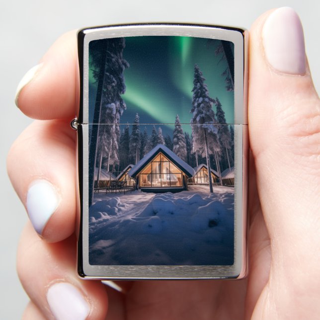 Aurora borealis over winter cabin zippo lighter (In Hand)
