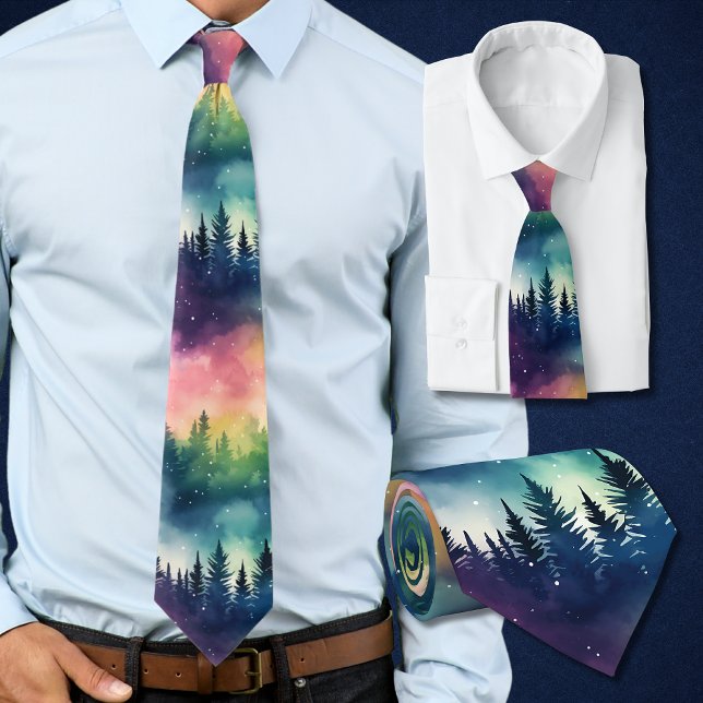 Aurora Borealis Pastel Pines Northern Lights Neck Tie (This northern lights tie with its pastel skies and pines is perfect for the holidays and winter time)