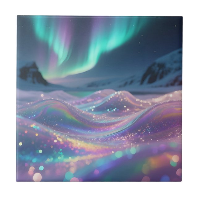 Aurora Borealis Sparkling Waves Fantasy Ceramic Tile (Front)