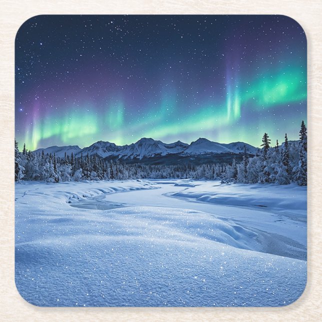 Aurora Borealis Square Paper Coaster (Front)