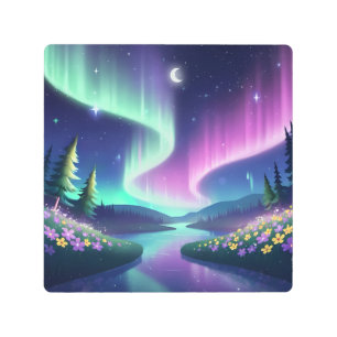 Aurora Dreams: Flowing River and Flower Field Metal Print