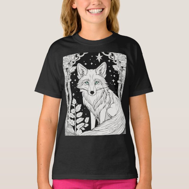 Aurora Fox Kids Coloring Tee - Black & White Carto (Front)