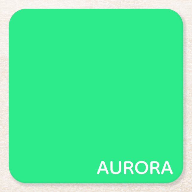 Aurora green color name square paper coaster (Front)